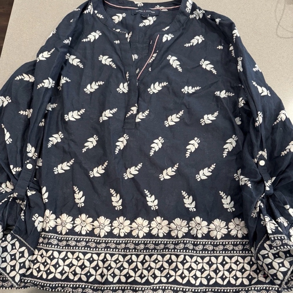 Tommy Hilfiger Navy Flower Leaf Print Blouse Boho Tunic Lightweight Cover Up XL